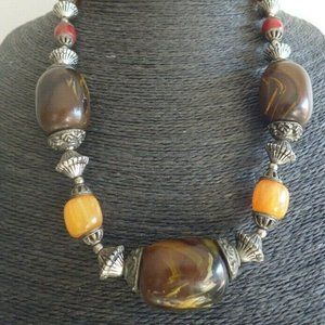 VINTAGE MONIES GERDA LYNGGAARD AMBER BAKELITE TURQUOISE BARREL BEADED NECKLACE